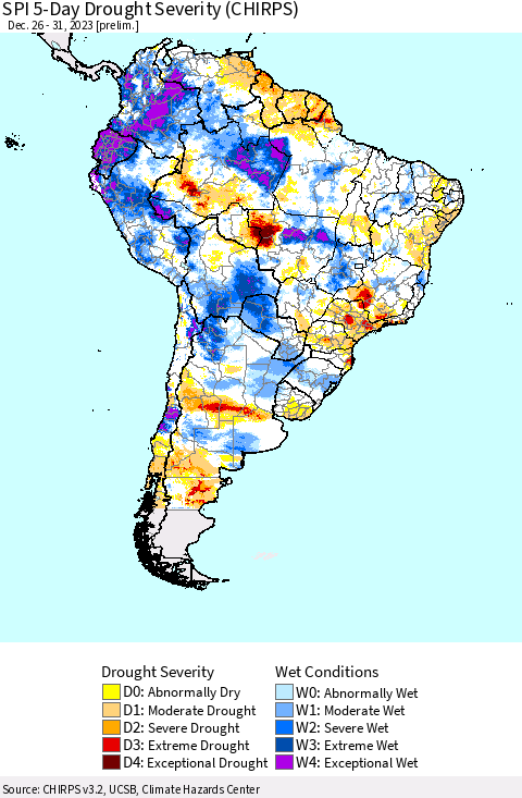 South America SPI 5-Day Drought Severity (CHIRPS) Thematic Map For 12/26/2023 - 12/31/2023