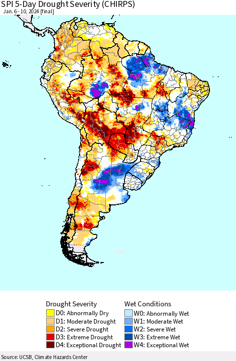 South America SPI 5-Day Drought Severity (CHIRPS) Thematic Map For 1/6/2024 - 1/10/2024
