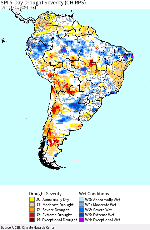 South America SPI 5-Day Drought Severity (CHIRPS) Thematic Map For 1/11/2024 - 1/15/2024