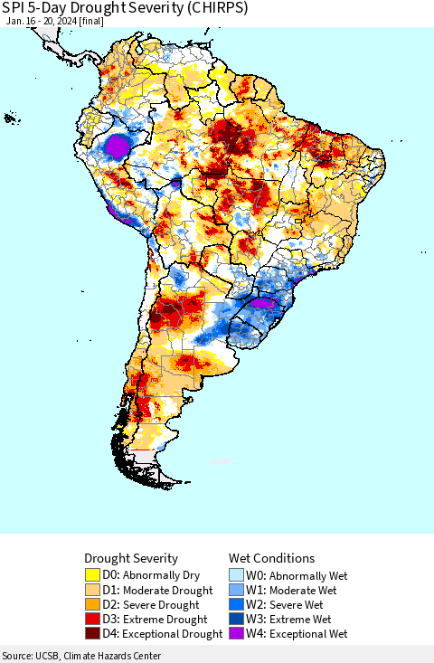 South America SPI 5-Day Drought Severity (CHIRPS) Thematic Map For 1/16/2024 - 1/20/2024