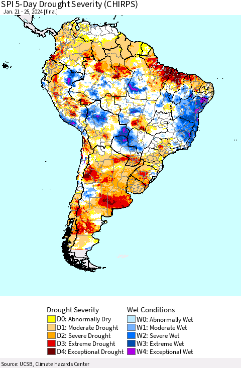 South America SPI 5-Day Drought Severity (CHIRPS) Thematic Map For 1/21/2024 - 1/25/2024