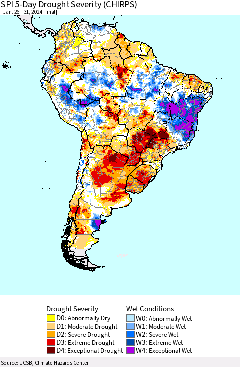 South America SPI 5-Day Drought Severity (CHIRPS) Thematic Map For 1/26/2024 - 1/31/2024