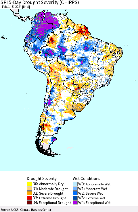 South America SPI 5-Day Drought Severity (CHIRPS) Thematic Map For 2/1/2024 - 2/5/2024