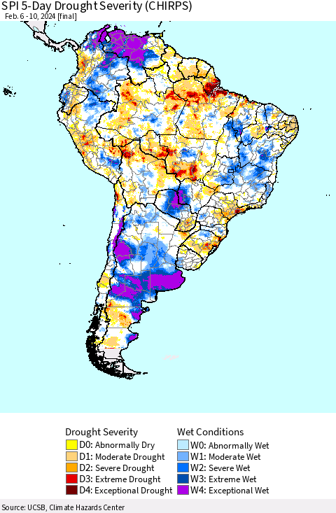 South America SPI 5-Day Drought Severity (CHIRPS) Thematic Map For 2/6/2024 - 2/10/2024