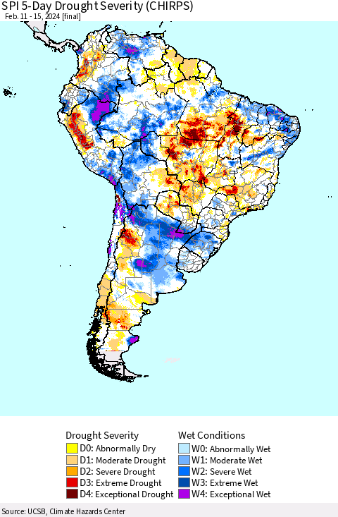 South America SPI 5-Day Drought Severity (CHIRPS) Thematic Map For 2/11/2024 - 2/15/2024