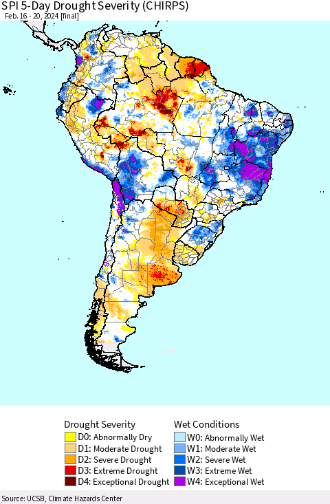 South America SPI 5-Day Drought Severity (CHIRPS) Thematic Map For 2/16/2024 - 2/20/2024