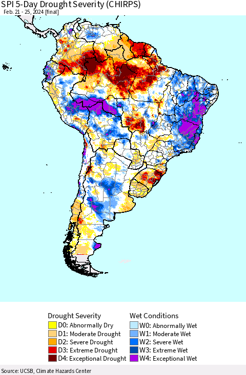 South America SPI 5-Day Drought Severity (CHIRPS) Thematic Map For 2/21/2024 - 2/25/2024