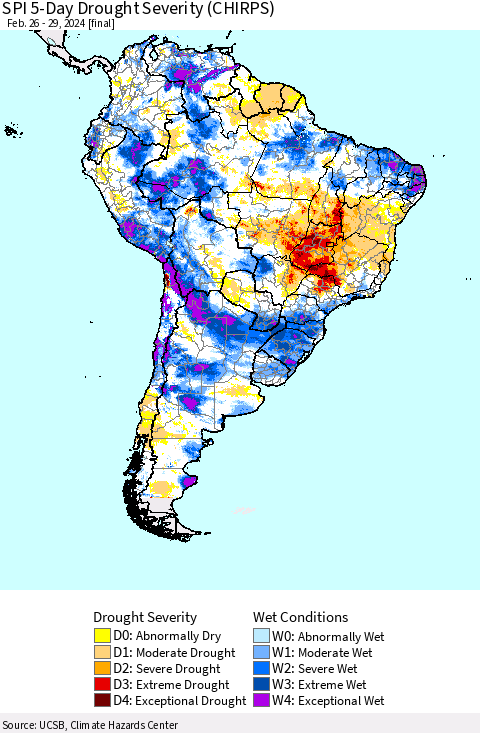South America SPI 5-Day Drought Severity (CHIRPS) Thematic Map For 2/26/2024 - 2/29/2024