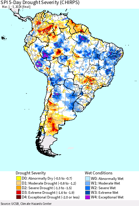 South America SPI 5-Day Drought Severity (CHIRPS) Thematic Map For 3/1/2024 - 3/5/2024