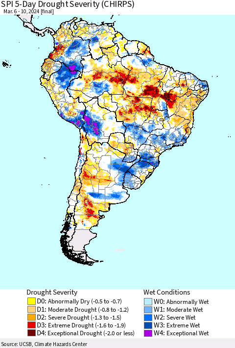 South America SPI 5-Day Drought Severity (CHIRPS) Thematic Map For 3/6/2024 - 3/10/2024