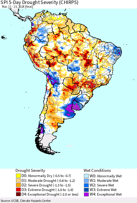 South America SPI 5-Day Drought Severity (CHIRPS) Thematic Map For 3/11/2024 - 3/15/2024