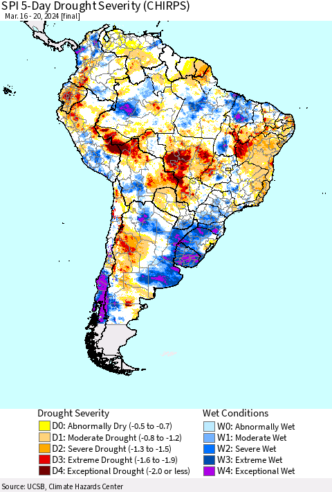 South America SPI 5-Day Drought Severity (CHIRPS) Thematic Map For 3/16/2024 - 3/20/2024