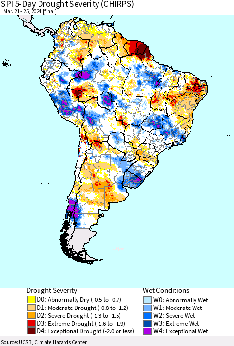 South America SPI 5-Day Drought Severity (CHIRPS) Thematic Map For 3/21/2024 - 3/25/2024