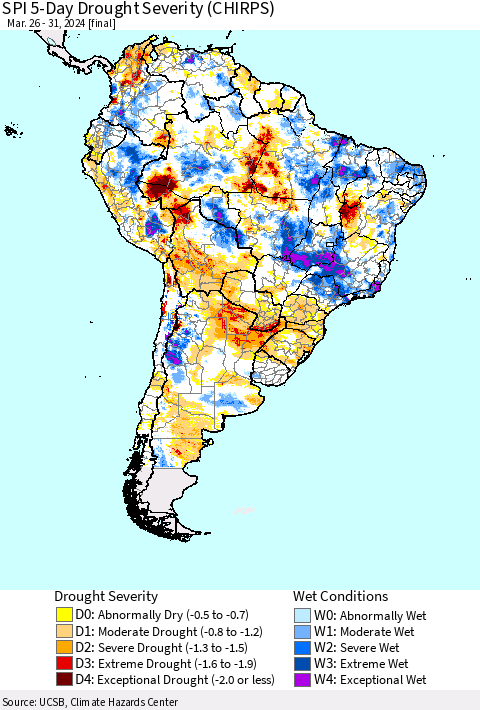South America SPI 5-Day Drought Severity (CHIRPS) Thematic Map For 3/26/2024 - 3/31/2024