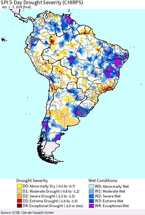 South America SPI 5-Day Drought Severity (CHIRPS) Thematic Map For 4/1/2024 - 4/5/2024