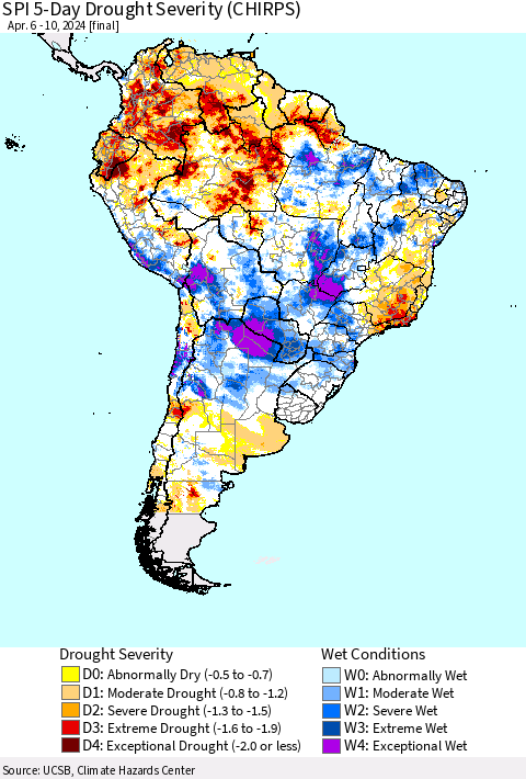 South America SPI 5-Day Drought Severity (CHIRPS) Thematic Map For 4/6/2024 - 4/10/2024