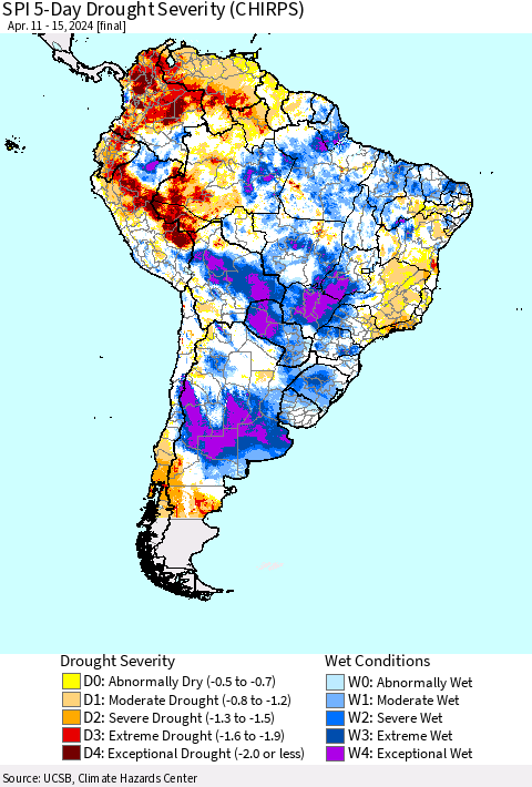 South America SPI 5-Day Drought Severity (CHIRPS) Thematic Map For 4/11/2024 - 4/15/2024