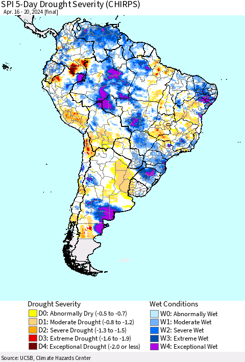 South America SPI 5-Day Drought Severity (CHIRPS) Thematic Map For 4/16/2024 - 4/20/2024