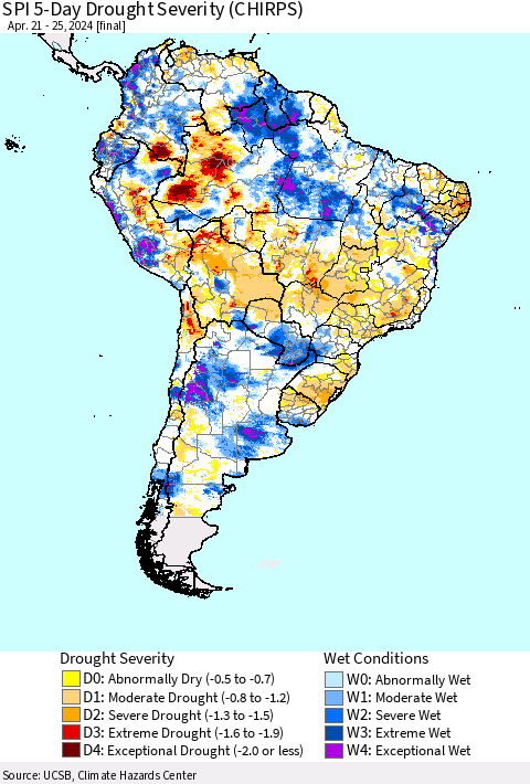 South America SPI 5-Day Drought Severity (CHIRPS) Thematic Map For 4/21/2024 - 4/25/2024