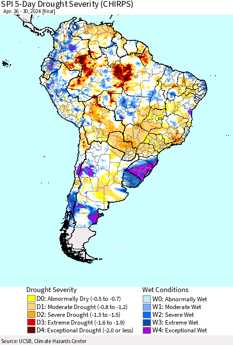 South America SPI 5-Day Drought Severity (CHIRPS) Thematic Map For 4/26/2024 - 4/30/2024