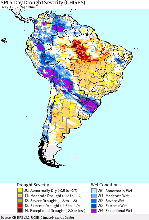 South America SPI 5-Day Drought Severity (CHIRPS) Thematic Map For 5/1/2024 - 5/5/2024