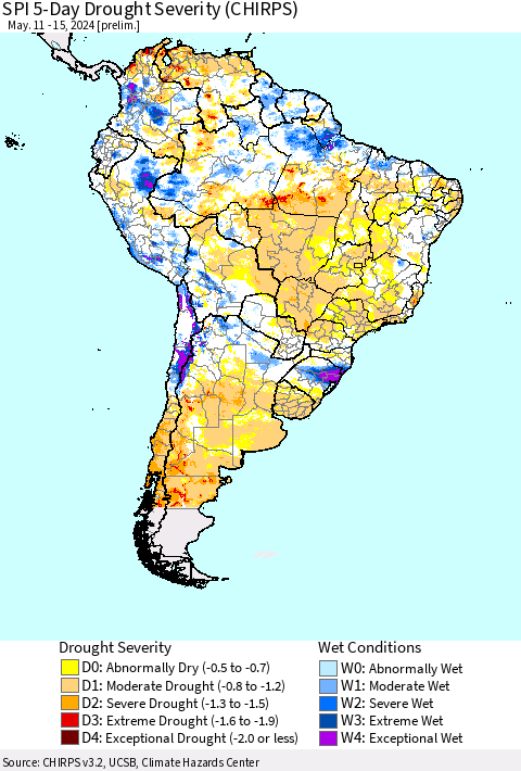South America SPI 5-Day Drought Severity (CHIRPS) Thematic Map For 5/11/2024 - 5/15/2024