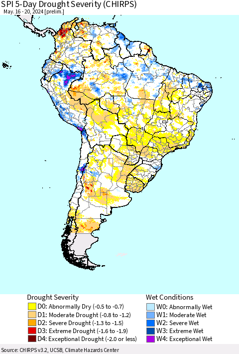 South America SPI 5-Day Drought Severity (CHIRPS) Thematic Map For 5/16/2024 - 5/20/2024