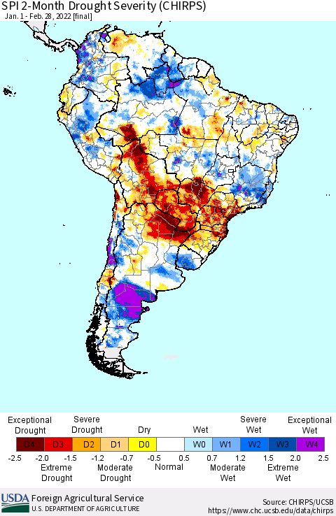 South America SPI 2-Month Drought Severity (CHIRPS) Thematic Map For 1/1/2022 - 2/28/2022