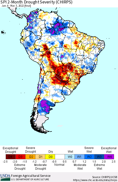South America SPI 2-Month Drought Severity (CHIRPS) Thematic Map For 1/6/2022 - 3/5/2022