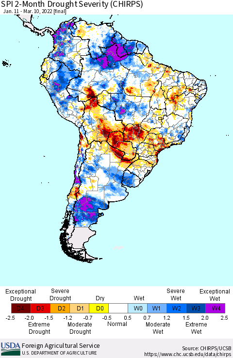 South America SPI 2-Month Drought Severity (CHIRPS) Thematic Map For 1/11/2022 - 3/10/2022