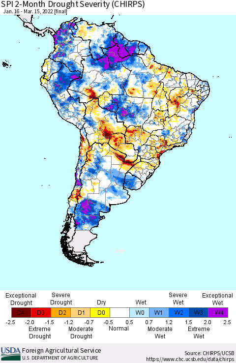 South America SPI 2-Month Drought Severity (CHIRPS) Thematic Map For 1/16/2022 - 3/15/2022