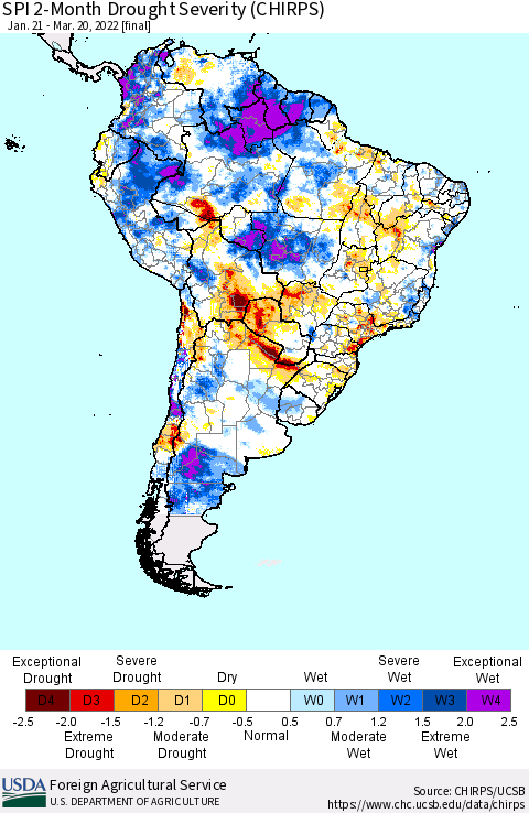 South America SPI 2-Month Drought Severity (CHIRPS) Thematic Map For 1/21/2022 - 3/20/2022