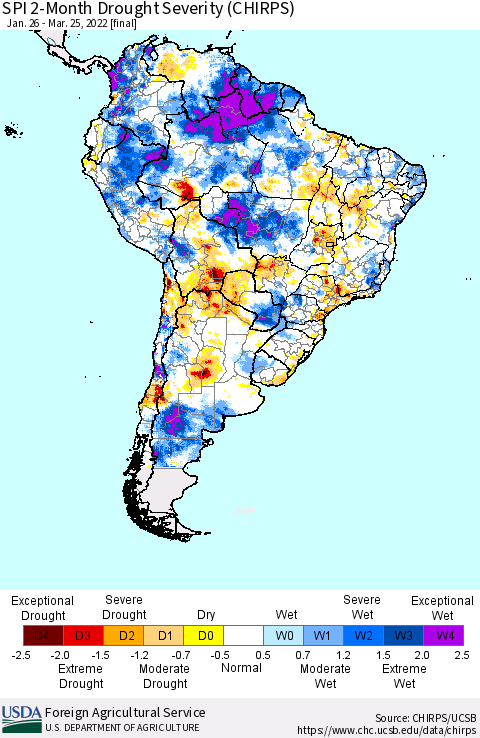 South America SPI 2-Month Drought Severity (CHIRPS) Thematic Map For 1/26/2022 - 3/25/2022