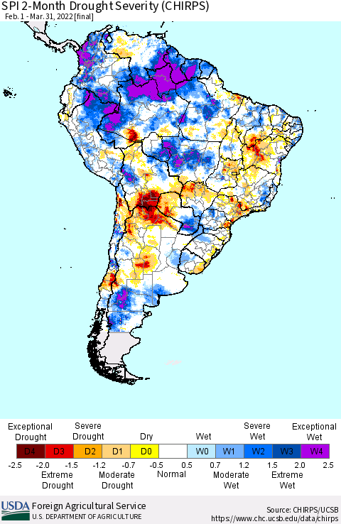 South America SPI 2-Month Drought Severity (CHIRPS) Thematic Map For 2/1/2022 - 3/31/2022