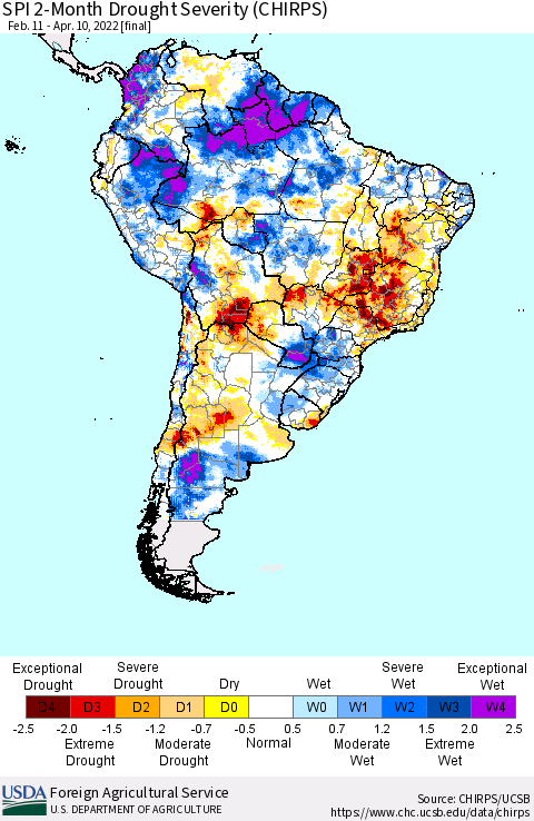 South America SPI 2-Month Drought Severity (CHIRPS) Thematic Map For 2/11/2022 - 4/10/2022