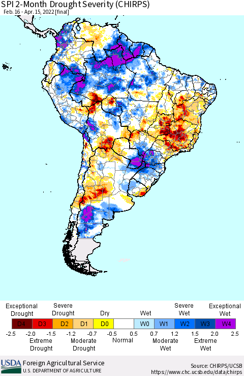 South America SPI 2-Month Drought Severity (CHIRPS) Thematic Map For 2/16/2022 - 4/15/2022