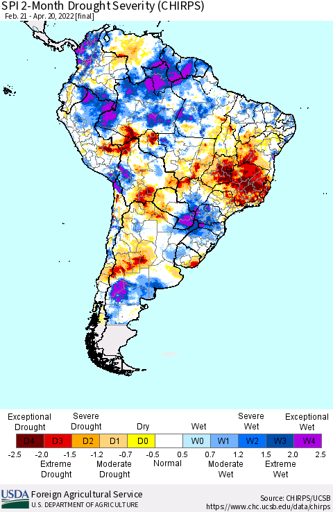 South America SPI 2-Month Drought Severity (CHIRPS) Thematic Map For 2/21/2022 - 4/20/2022