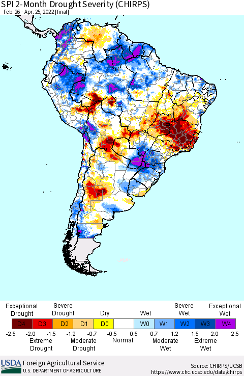 South America SPI 2-Month Drought Severity (CHIRPS) Thematic Map For 2/26/2022 - 4/25/2022