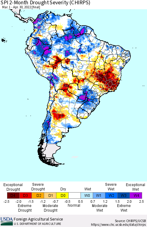 South America SPI 2-Month Drought Severity (CHIRPS) Thematic Map For 3/1/2022 - 4/30/2022