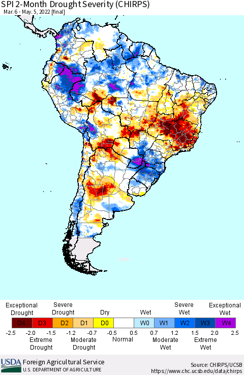 South America SPI 2-Month Drought Severity (CHIRPS) Thematic Map For 3/6/2022 - 5/5/2022