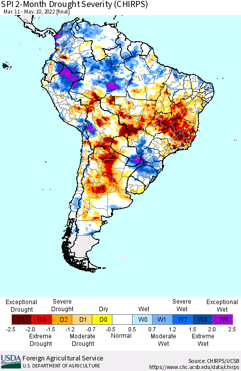 South America SPI 2-Month Drought Severity (CHIRPS) Thematic Map For 3/11/2022 - 5/10/2022