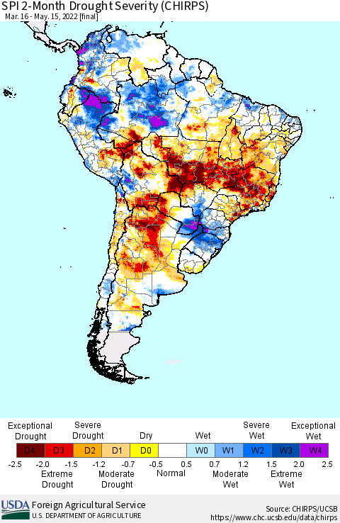 South America SPI 2-Month Drought Severity (CHIRPS) Thematic Map For 3/16/2022 - 5/15/2022