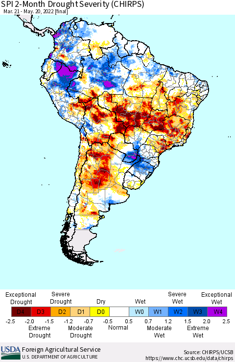 South America SPI 2-Month Drought Severity (CHIRPS) Thematic Map For 3/21/2022 - 5/20/2022