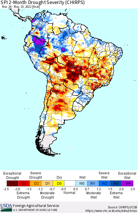 South America SPI 2-Month Drought Severity (CHIRPS) Thematic Map For 3/26/2022 - 5/25/2022