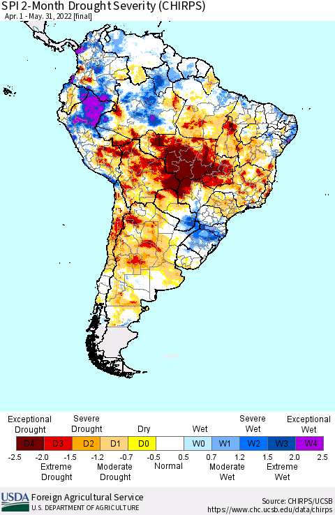 South America SPI 2-Month Drought Severity (CHIRPS) Thematic Map For 4/1/2022 - 5/31/2022