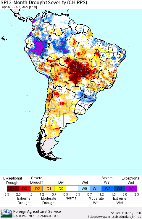 South America SPI 2-Month Drought Severity (CHIRPS) Thematic Map For 4/6/2022 - 6/5/2022
