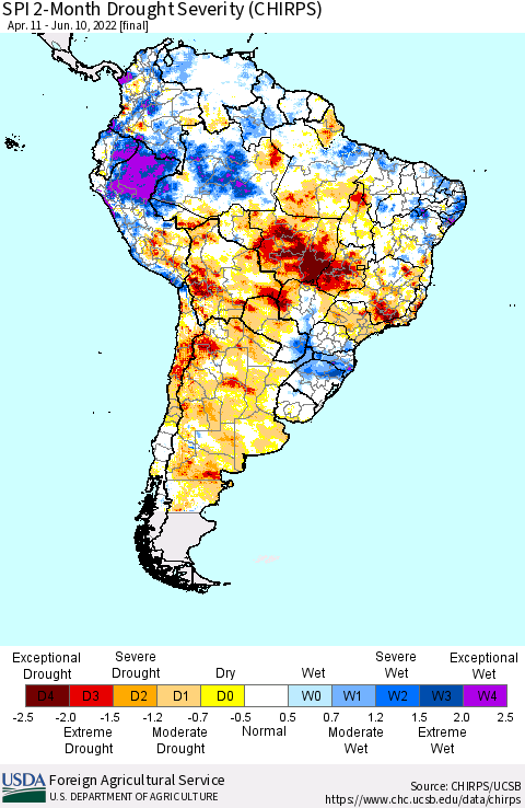 South America SPI 2-Month Drought Severity (CHIRPS) Thematic Map For 4/11/2022 - 6/10/2022