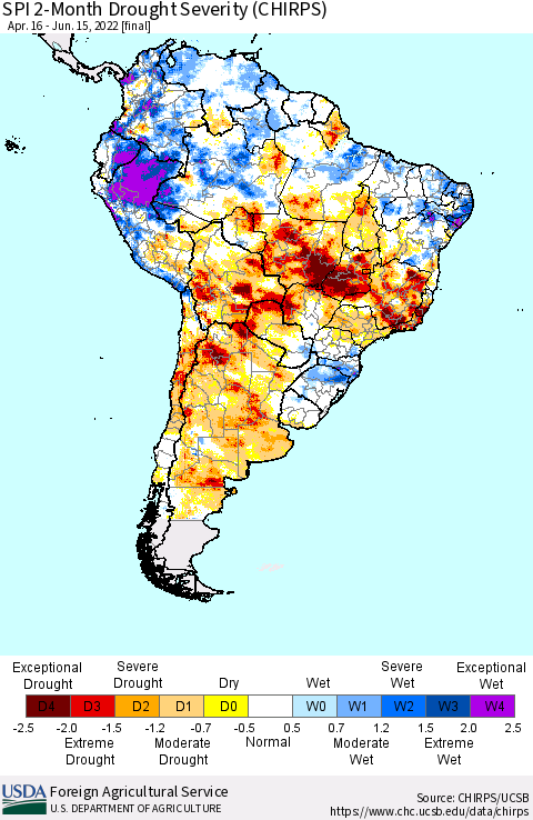 South America SPI 2-Month Drought Severity (CHIRPS) Thematic Map For 4/16/2022 - 6/15/2022