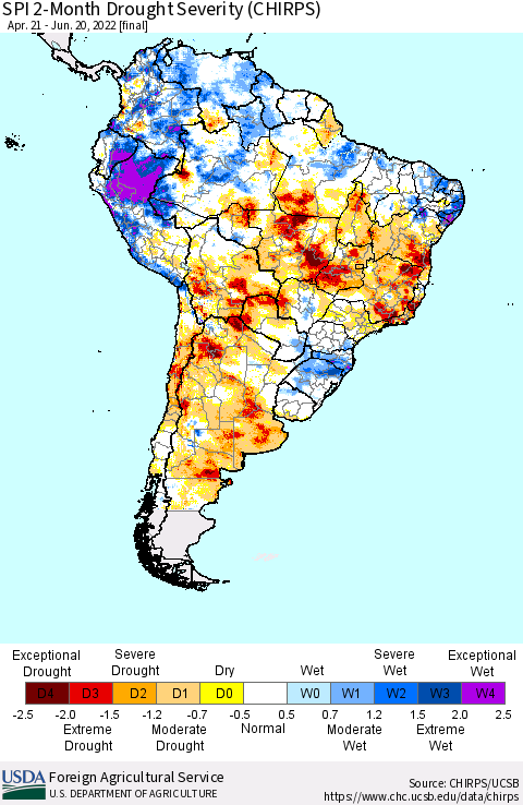 South America SPI 2-Month Drought Severity (CHIRPS) Thematic Map For 4/21/2022 - 6/20/2022