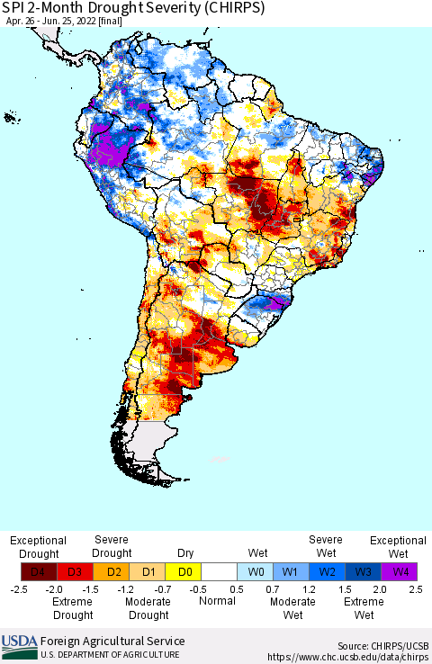 South America SPI 2-Month Drought Severity (CHIRPS) Thematic Map For 4/26/2022 - 6/25/2022